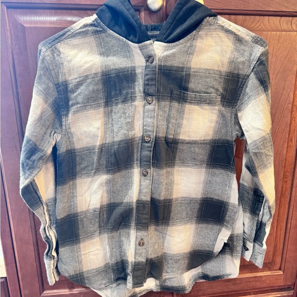 Old Navy Black and Gray Plaid Button Down Shirt with Hood